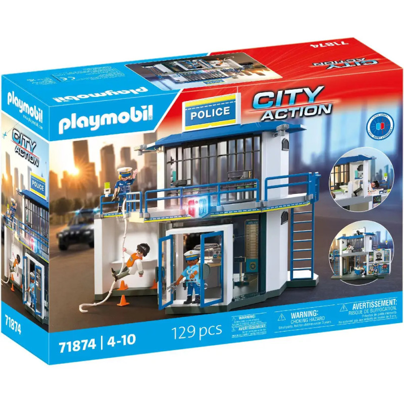 Playmobil City Action Polizeistation-Set mit Gebäude, Polizisten und Zubehör auf der Box abgebildet. 129 Teile.