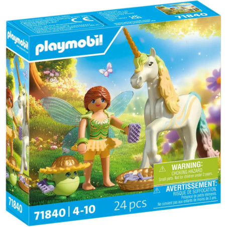 Playmobil-Set mit Fee, Einhorn, Frosch und Zubehör in bunter Landschaft. Für Kinder von 4 bis 10 Jahren geeignet.