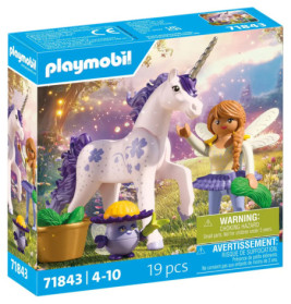 Playmobil-Set mit lila Einhorn, Feenmädchen, Igel und Blumen in einer fantasievollen Umgebung.