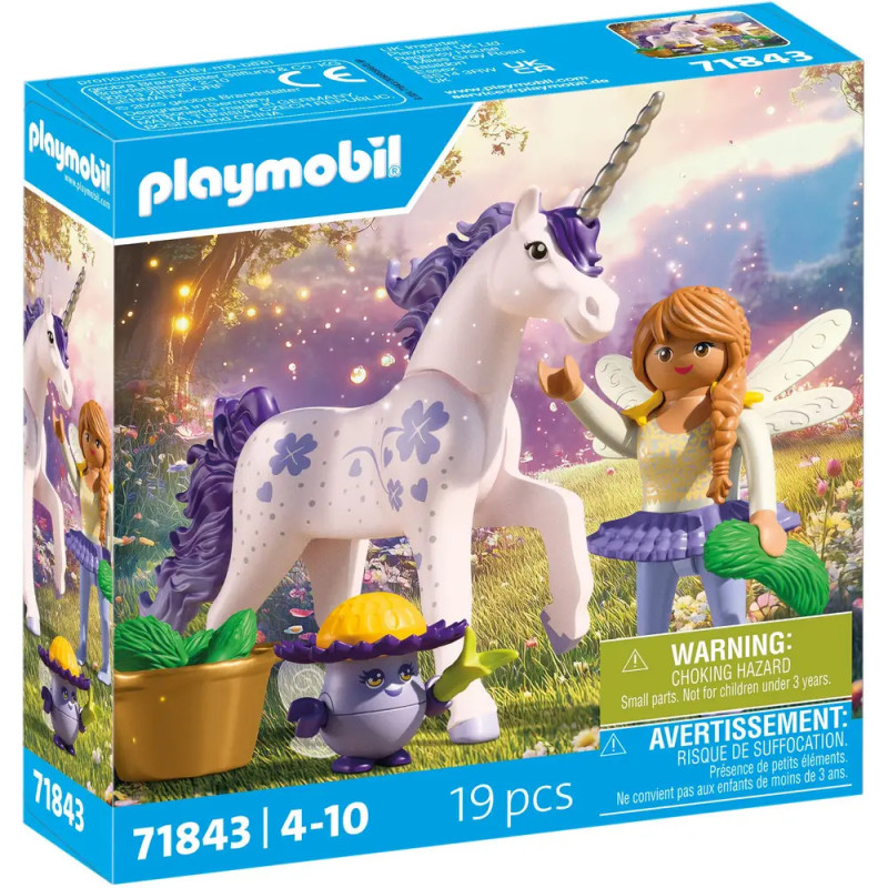 Playmobil-Set mit lila Einhorn, Feenmädchen, Igel und Blumen in einer fantasievollen Umgebung. Playmobil-Set mit lila Einhorn, Feenmädchen, Igel und Blumen in einer fantasievollen Umgebung.