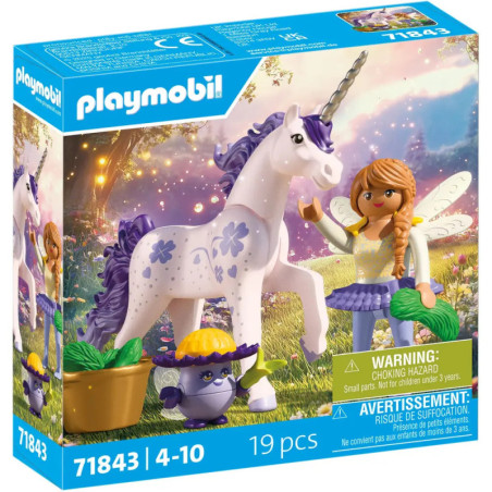 Playmobil-Set mit lila Einhorn, Feenmädchen, Igel und Blumen in einer fantasievollen Umgebung.