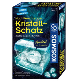 Kristall-Schatz Kristallzucht-Set mit leuchtender Schatztruhe, in der sich funkelnde Kristalle befinden.