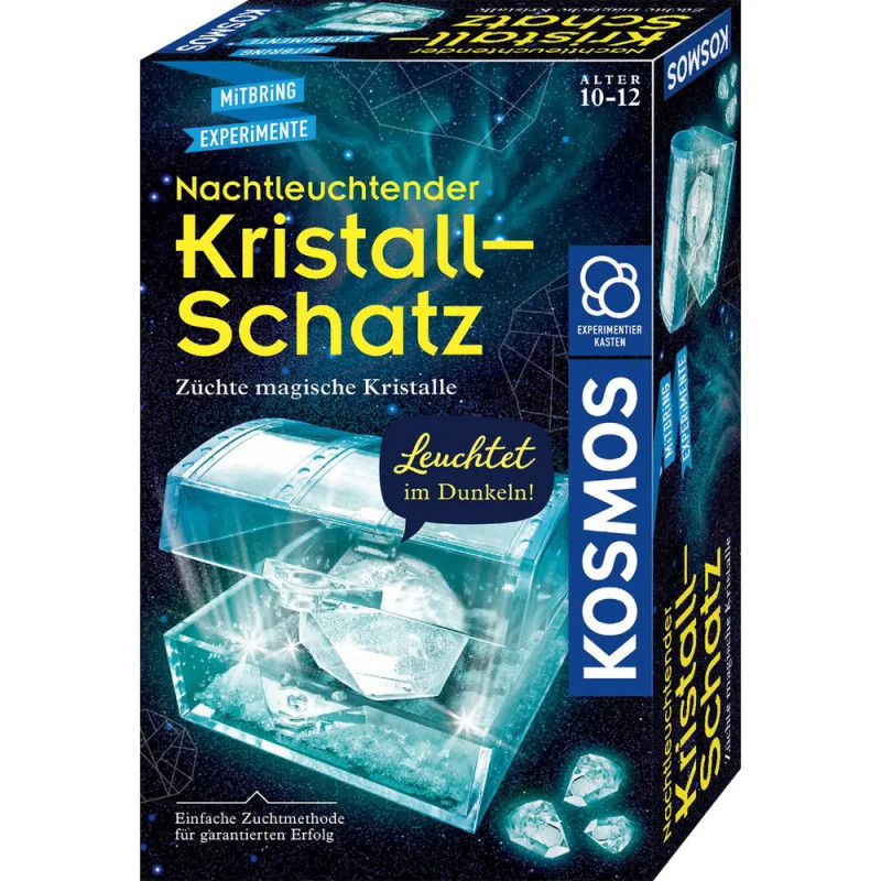 Kristall-Schatz Kristallzucht-Set mit leuchtender Schatztruhe, in der sich funkelnde Kristalle befinden.