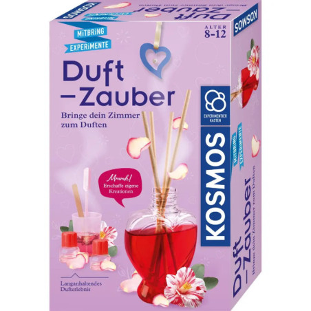 Kosmos Duftzauber Set: Box mit rotem Duftdiffusor, Blumen und experimentellem Design, geeignet für Kinder von 8-12 Jahren.