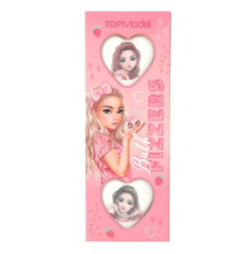 Top Model Badebomben-Box in Pink, mit illustrierten Mädchen und herzförmigen Fenstern, die die Badebomben zeigen.