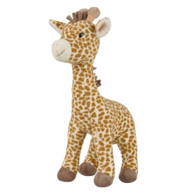 Plüschgiraffe mit braunen Flecken, lächelndem Gesicht und braunen Hufen steht aufrecht.
