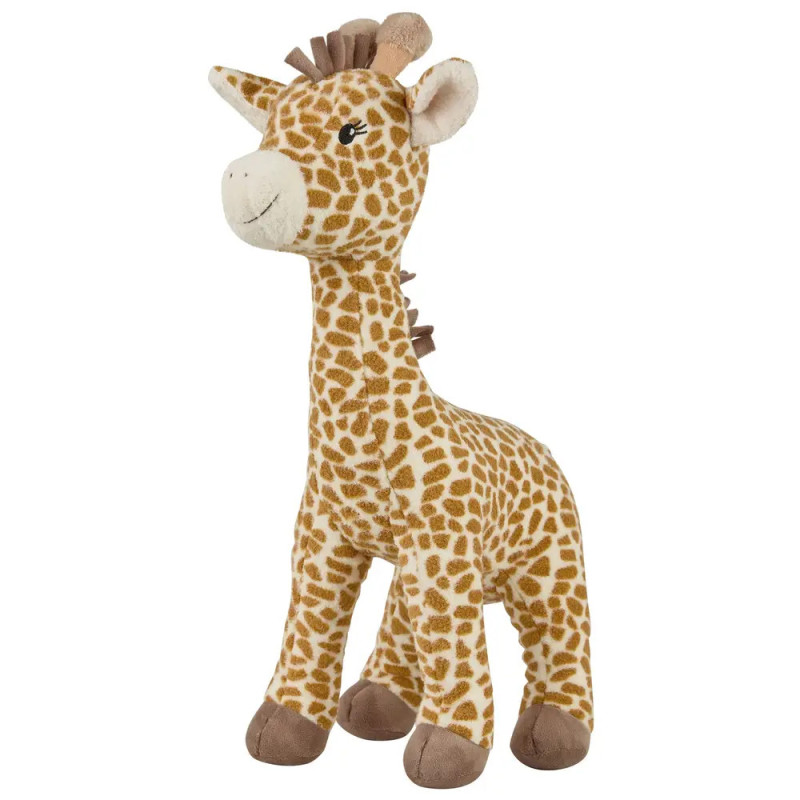 Plüschgiraffe mit braunen Flecken, lächelndem Gesicht und braunen Hufen steht aufrecht.