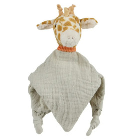 Weiches Giraffen-Plüschtier mit grauer Decken-Körperform und orangem Kragen, als Baby-Schmusetuch konzipiert.