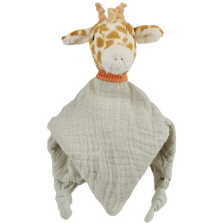 Weiches Giraffen-Plüschtier mit grauer Decken-Körperform und orangem Kragen, als Baby-Schmusetuch konzipiert.