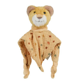 Plüsch-Löwen-Kuscheltuch mit weichem, strukturiertem Körper, Knoten an den Ecken und bunten Punkten.