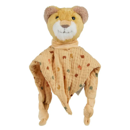 Plüsch-Löwen-Kuscheltuch mit weichem, strukturiertem Körper, Knoten an den Ecken und bunten Punkten.