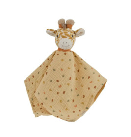 Kuscheltuch mit Plüschgiraffe und angenähter gelber, gepunkteter Stofffläche.