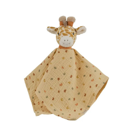 Kuscheltuch mit Plüschgiraffe und angenähter gelber, gepunkteter Stofffläche.