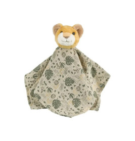 Kuschelige Löwenkopf-Applikation an grün-beiger Babydecke mit Blatt- und Tiermotiven.