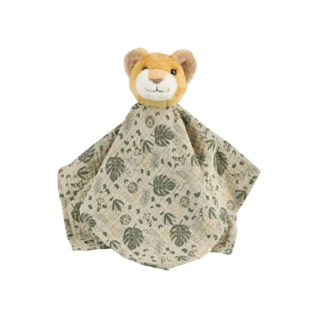 Kuschelige Löwenkopf-Applikation an grün-beiger Babydecke mit Blatt- und Tiermotiven.