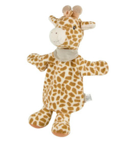 Plüsch-Giraffen-Handpuppe mit braunen Flecken, beigefarbener Schnauze und kleinen beigen Hörnern.