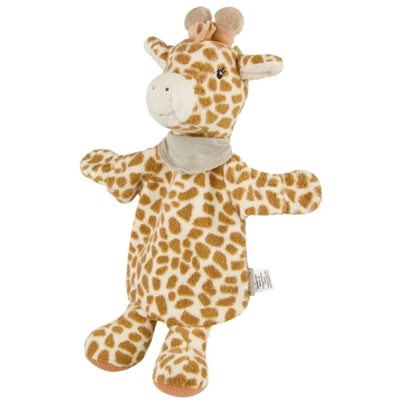 Plüsch-Giraffen-Handpuppe mit braunen Flecken, beigefarbener Schnauze und kleinen beigen Hörnern.