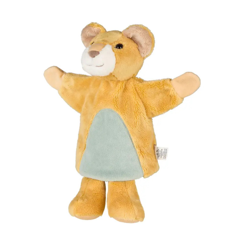 Plüsch-Löwenhandpuppe mit hellbraunem Fell, weißer Schnauze und hellblauem Fleck am Bauch.