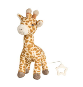 Plüsch-Giraffe mit braunen Flecken und Ziehband an einem weißen, sternförmigen Ring.