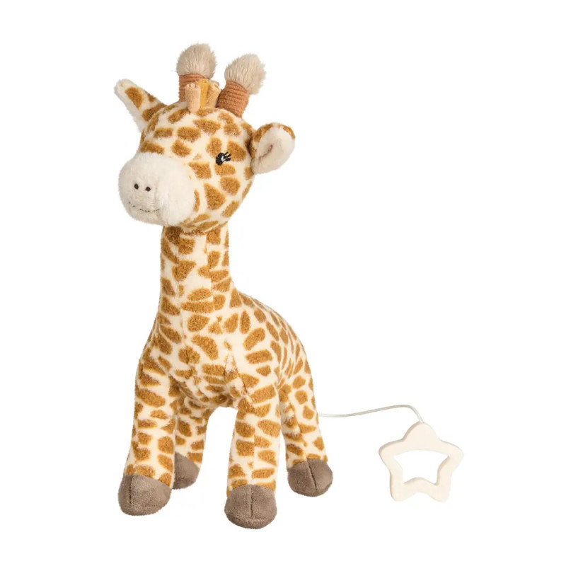 Plüsch-Giraffe mit braunen Flecken und Ziehband an einem weißen, sternförmigen Ring.