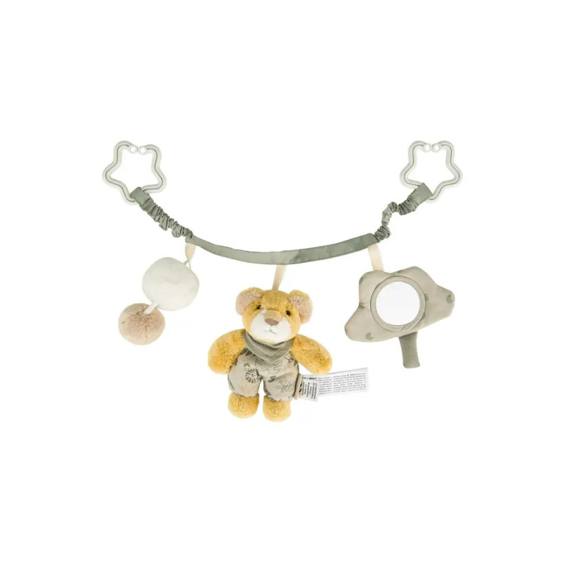 Spielbogen für Kinderwagen mit Plüschbär, Spiegel und weichen Bällen an grünem Band.