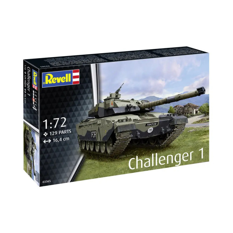 Revell Bausatz Challenger 1, Maßstab 1:72, 129 Teile, auf der Box ist ein Panzer abgebildet. Revell Bausatz Challenger 1, Maßstab 1:72, 129 Teile, auf der Box ist ein Panzer abgebildet.