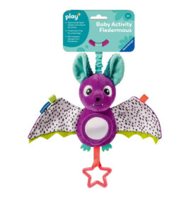 Lila-türkises Fledermaus-Babyspielzeug mit gemusterten Flügeln, Spiegelfläche am Bauch und pinkem Sternring.