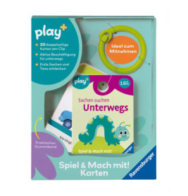 Bunte deutsche Kinderspielkartenbox mit grünem Wurm und an einem gelben Ring befestigten Karten.