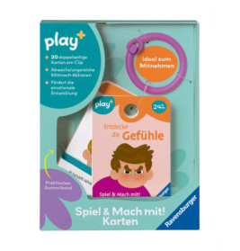 Box of play+ Entdecke die Gefühle Karten für Kinder, vorne mit gezeichneter wütender Gesichtsemotion.