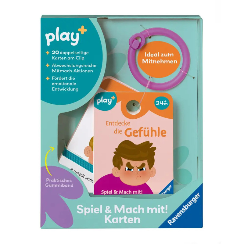 Box of play+ Entdecke die Gefühle Karten für Kinder, vorne mit gezeichneter wütender Gesichtsemotion.