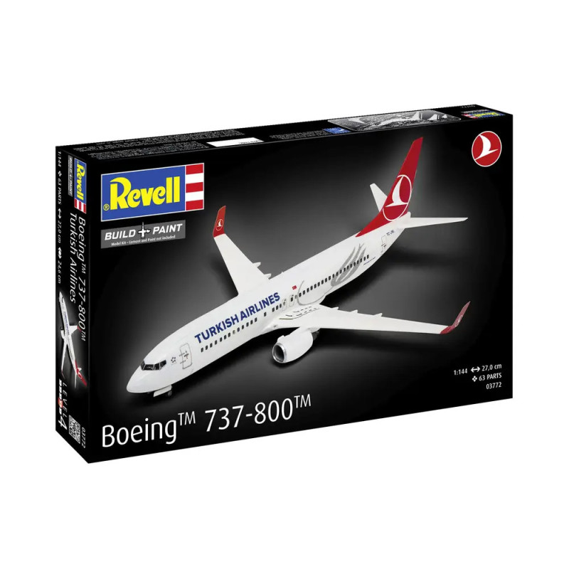 Revell Modellbausatz: Turkish Airlines Boeing 737-800, Maßstab 1:144. Verpackung der Bausatzbox abgebildet.