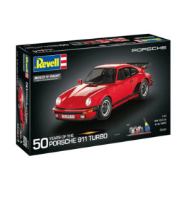 Revell-Bausatz mit rotem Porsche 911 Turbo und Farbsatz, beschriftet mit 50 Jahre Porsche 911 Turbo.
