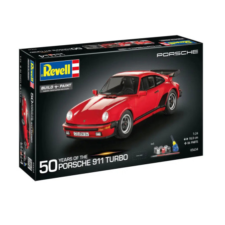 Revell-Bausatz mit rotem Porsche 911 Turbo und Farbsatz, beschriftet mit 50 Jahre Porsche 911 Turbo.