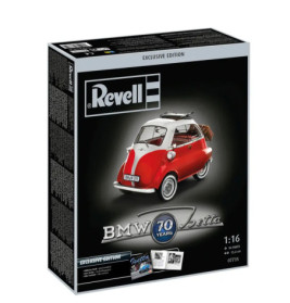 Revell-Bausatz: Rote BMW Isetta, 70 Jahre-Emblem und Produktdetails auf der Schachtel.