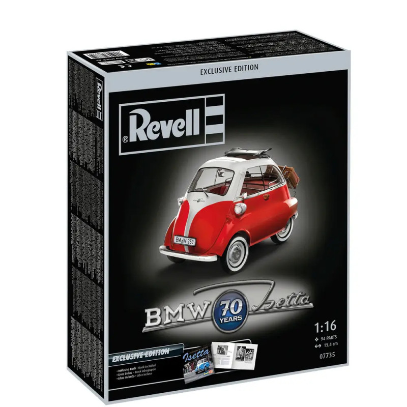 Revell-Bausatz: Rote BMW Isetta, 70 Jahre-Emblem und Produktdetails auf der Schachtel.
