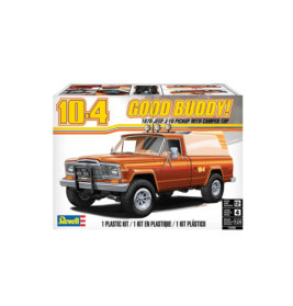 Modellbausatz eines 1979er Jeep J-10 Pickups mit Camperdach, Aufschrift 10-4 Good Buddy! auf der Verpackung.