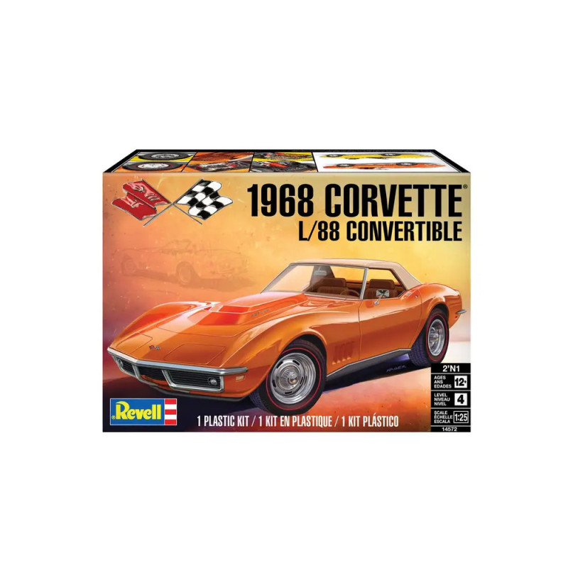 Revell-Bausatz einer 1968er Corvette L/88 Convertible in Orange vor Fahnen und Sonnenuntergang.