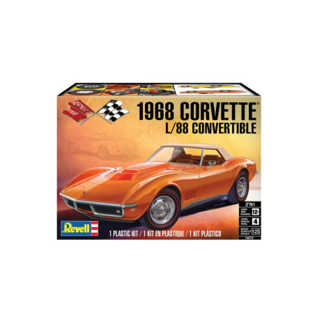 Revell-Bausatz einer 1968er Corvette L/88 Convertible in Orange vor Fahnen und Sonnenuntergang.