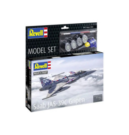 Revell-Set mit Saab JAS-39C Gripen Modell, Farben und Werkzeugen, abgebildet vor weißem Hintergrund.