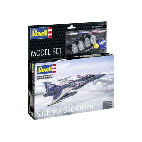 Revell-Set mit Saab JAS-39C Gripen Modell, Farben und Werkzeugen, abgebildet vor weißem Hintergrund.