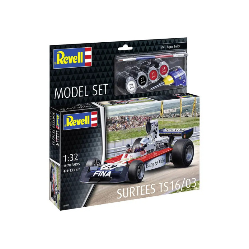 Revell-Set mit Surtees TS16/03 Rennwagen 1:32, inklusive Farben und Pinsel. Revell-Set mit Surtees TS16/03 Rennwagen 1:32, inklusive Farben und Pinsel.