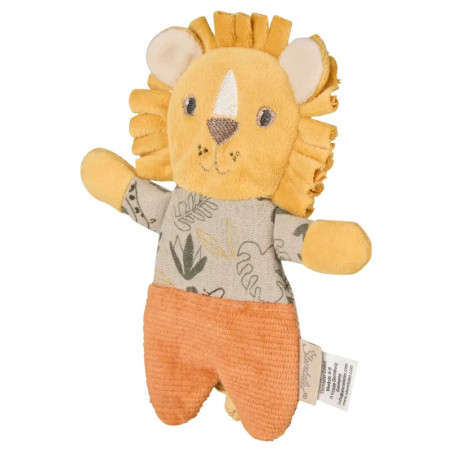 Kuscheltier-Löwe mit orangefarbener Mähne, gemustertem Shirt und Hose, lächelnd mit ausgestreckten Armen.