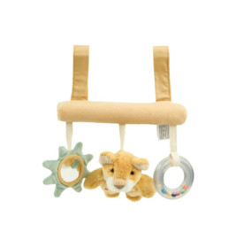 Plüsch-Babys-Spielzeug mit Löwenanhänger, Sternspiegel und Rasselring, befestigt an zwei beigefarbenen Schlaufen.