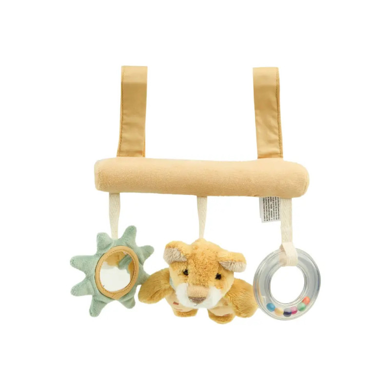 Plüsch-Babys-Spielzeug mit Löwenanhänger, Sternspiegel und Rasselring, befestigt an zwei beigefarbenen Schlaufen.