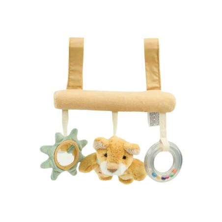 Plüsch-Babys-Spielzeug mit Löwenanhänger, Sternspiegel und Rasselring, befestigt an zwei beigefarbenen Schlaufen.