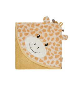 Gelbes Kapuzenhandtuch mit lachendem Giraffengesicht und Ohren auf der Kapuze vor weißem Hintergrund.