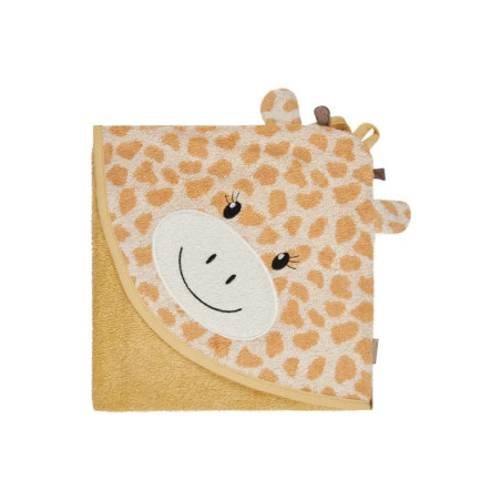 Gelbes Kapuzenhandtuch mit lachendem Giraffengesicht und Ohren auf der Kapuze vor weißem Hintergrund.