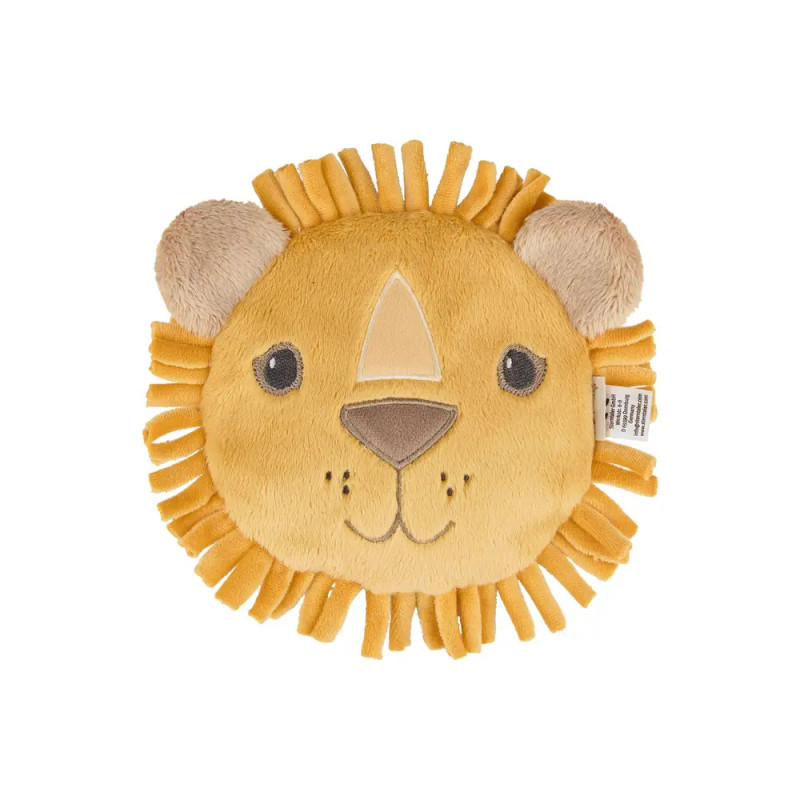 Plüschlöwe mit gelber Mähne und beigen Ohren vor weißem Hintergrund.