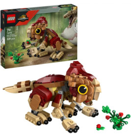 LEGO Jurassic World Set mit baubarem Dinosaurier, Pflanzen, 339 Teilen und Verpackung im Hintergrund.