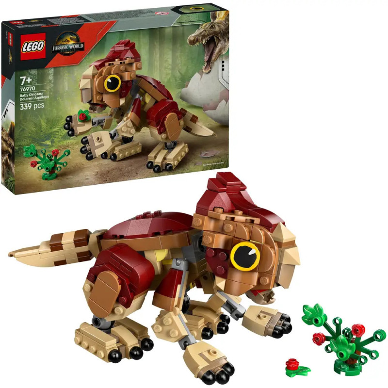 LEGO Jurassic World Set mit baubarem Dinosaurier, Pflanzen, 339 Teilen und Verpackung im Hintergrund.